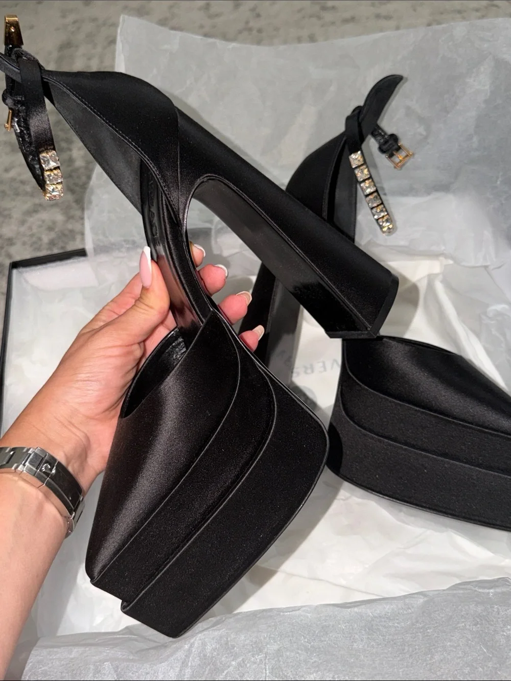 Versace Black Satin Platform Slingback Heels with Crystal-Strap Accents